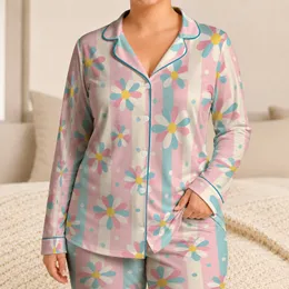Pastel Daisy Stripes for Cheerful Springtime Lounging and Relaxed Weekend Mornings Satin Pajamas Set