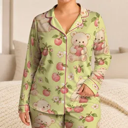Rosy Fruit-Hugging Baby Bears for Cozy Nights and Sweet Relaxed Lounging Satin Pajamas Set
