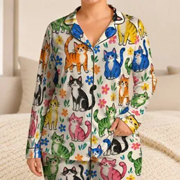 Colorful Hand-Painted Kittens for Cozy Evenings and Relaxed Lounging at Home Satin Pajamas Set