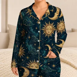 Celestial Sun And Moon Motifs For Relaxed Bohemian Nights Satin Pajamas Set
