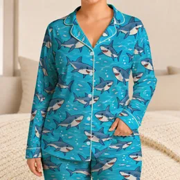 Playful Blue Sharks for Cozy Lounging, Relaxed Weekends and Ocean-Loving Gift Giving Satin Pajamas Set