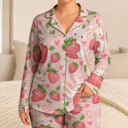 Pink Strawberry Bunny Hearts For Cozy Nights And Sweet At-Home Lounging Satin Pajamas Set