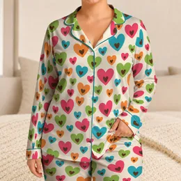 Multicolor Heart Motifs for Cozy Valentine Lounge Days and Cheerful Everyday Gifting Satin Pajamas Set