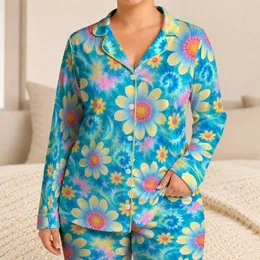 Turquoise Daisy Tie Dye Blooms for Relaxed Bohemian Lounging and Cozy Nights Satin Pajamas Set