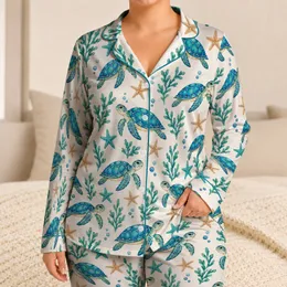 Blue Sea Turtles and Coral for Calm Coastal Nights, Gifts for Ocean Loving Women Satin Pajamas Set