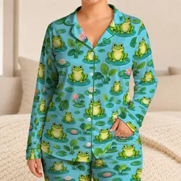 Cheerful Green Frogs on Lily Pads for Cozy Nature-Inspired Evenings at Home Satin Pajamas Set