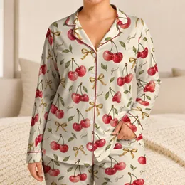 Watercolor Cherry Pairs and Gold Bows for Fresh Summer Lounging for Women Satin Pajamas Set