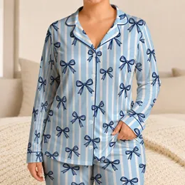 Blue Stripe Bow Accents for Fresh Spring Mornings and Relaxed Everyday Home Lounging Satin Pajamas Set
