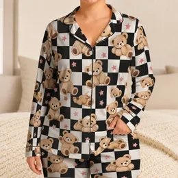 Plush Teddy Bears, Pink Stars and Checkerboard Charm for Cozy Nights and Sweet Gifting Satin Pajamas Set
