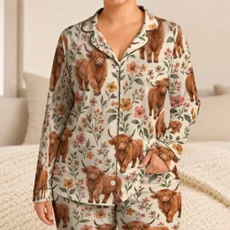 Highland Cow and Wildflower Motifs for Cozy Cottage Mornings and Gentle Gift Giving Satin Pajamas Set