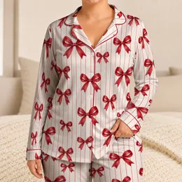 Cherry Red Ribbon Bows And Ivory Stripes For Valentine's Day Romance Satin Pajamas Set