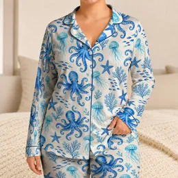 Blue Octopus and Sea Life for Relaxing Coastal Nights, Ocean Lovers and Women at Home Satin Pajamas Set