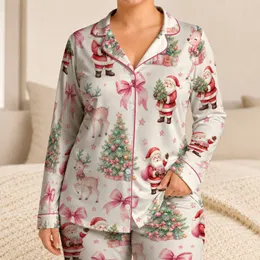 Santa Reindeer Christmas Tree Holiday Outfit For Cozy Winter Nights Women Mom Gifts Satin Pajamas Set
