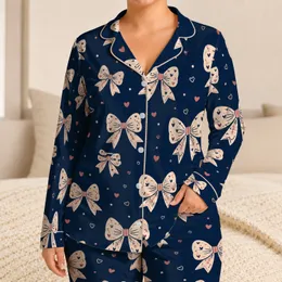 Midnight Navy Bowknot Ribbons With Hearts For Cozy Bedtime And Sleepovers For Girls Satin Pajamas Set