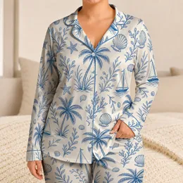 Blue Palm Tree Shell Coastal Vacation Lounge Set For Kids Beach Travel Holiday Gift Satin Pajamas Set