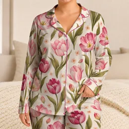 Watercolor Tulip Floral Garden Blooms For Relaxed Spring Summer Lounging Women Daily Satin Pajamas Set