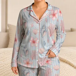 Coastal Shells and Plumeria Powder Blue Stripes for Beach Getaways Women's Lounge Set Satin Pajamas Set