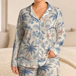 Coconut Palm Sailboat Seashell Coastal Botanical Loungewear for Women, Summer Getaway Satin Pajamas Set