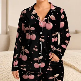 Rosy Cherry Motif for Cozy Lounging and Relaxed Home Days Women's Gift Idea for Her Satin Pajamas Set