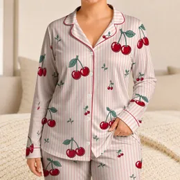 Cherry Stripe Vintage Picnic Two-Piece Lounge Style For Women, Cozy Summer Giftable Satin Pajamas Set