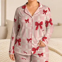 Cute Red Bow Gingham Lounge Set, Cozy Holiday Homewear Gift for Women, Teens, and Girls Satin Pajamas Set