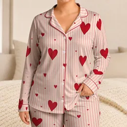 Blush Pink Stripes With Cherry Red Hearts For Cozy Romantic Lounging At Home Gift Satin Pajamas Set