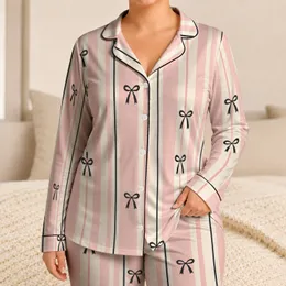 Blush Pink Ivory Stripes With Charcoal Bows Elegant Cozy Loungewear Gift For Women Satin Pajamas Set