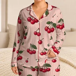 Cherry Stripe Lounge Outfit For Cozy Bedtime, Women's Blush Red Cherry Lover Gift Satin Pajamas Set