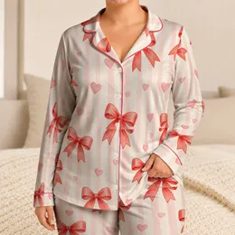 Coral Bow Hearts Ivory Stripe Romantic Gifting And Cozy Weekend Evenings For Women Satin Pajamas Set