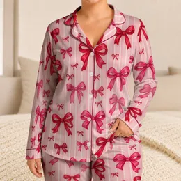 Blush Pink Ribbon Bow Stripes for Spring Summer Lounging and Relaxed Home Style Women Satin Pajamas Set