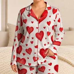 Women's Red Hearts Romantic Summer Lounge Set, Button Front Shirt And Bow Shorts Satin Pajamas Set