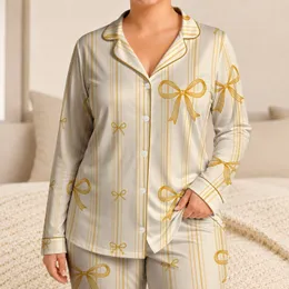 Golden Ribbon Bows Vertical Stripes Cozy Bedtime Lounge Gift Set For Women Everyday Wear Satin Pajamas Set