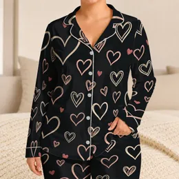 Charcoal Heart Doodle Set for Cozy Lounging and Romantic Gifting, Women and Teens Satin Pajamas Set
