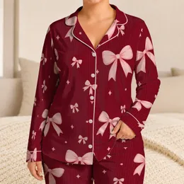 Cranberry Pinstripe Bow Ribbons Cozy Holiday Loungewear Gift for Women and Girlfriends Satin Pajamas Set