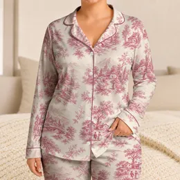 Pink Mountain Floral Toile Countryside Scenes for Relaxing Bedtime Lounging Women Satin Pajamas Set