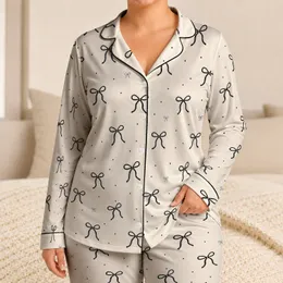 Black Bow And Dot Motif For Cozy Autumn Winter Lounging At Home, Gift For All Women Satin Pajamas Set
