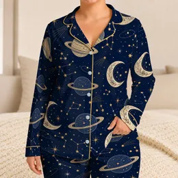 Celestial Moon And Planet Night Sky Motifs For Cozy Home Lounging And Relaxation Satin Pajamas Set
