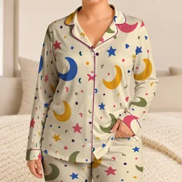 Celestial Moon And Star Nighttime Comfort For Cozy Bedtime Lounging At Home, Women's Satin Pajamas Set