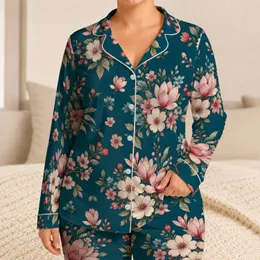 Blush Magnolia Botanical Floral Teal Spring Loungewear Set for Women Home Relaxation Satin Pajamas Set