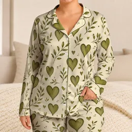 Olive Green Heart Motif Cream Botanical Style Cozy Loungewear Gift For Women And Teens Satin Pajamas Set