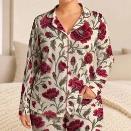 Burgundy Poppy Botanicals for Elegant Summer Lounging and Relaxing Gift Ideas for Women Satin Pajamas Set