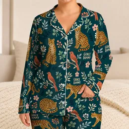 Golden Wild Cats And Coral Songbirds Botanical Grace Dammy Summer Lounge Gift For Her Satin Pajamas Set