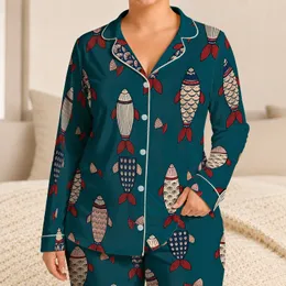 Folk Fish Motif for Relaxed Bedtime Lounging and Cozy Weekend Mornings at Home Indoors Satin Pajamas Set