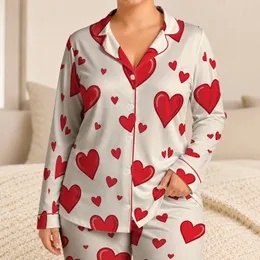 Scattered Red Heart Motifs for Valentine’s Day Couples Matching Romantic Gift Idea Satin Pajamas Set