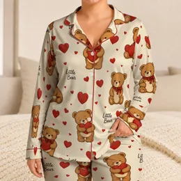 Teddy Bear Hearts Little Bear Romantic Gift for Couples Cozy Valentine Lounge Style Satin Pajamas Set