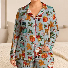 Santa Snowmen Gingerbread Holiday Loungewear for Christmas Gatherings and Cozy Nights Satin Pajamas Set