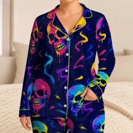 Neon Graffiti Skull Motifs For Colorful Lounge Style And Festival Streetwear Fans Satin Pajamas Set