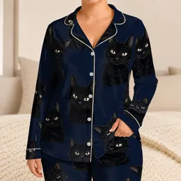 Midnight Black Cat Faces Cozy Bedtime Style For Cat Lovers And Night Owls At Home Satin Pajamas Set