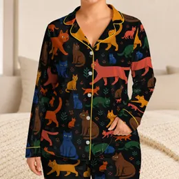Colorful Cat Motif Cozy Loungewear for Relaxed Evenings, Travel, and Weekend Comfort Satin Pajamas Set