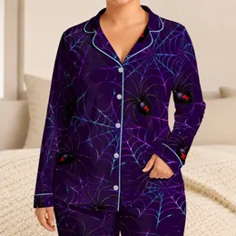Black Widow Spider Web Halloween Lounge Style, Neon Purple Aesthetic, Dark Trendy Gift Satin Pajamas Set